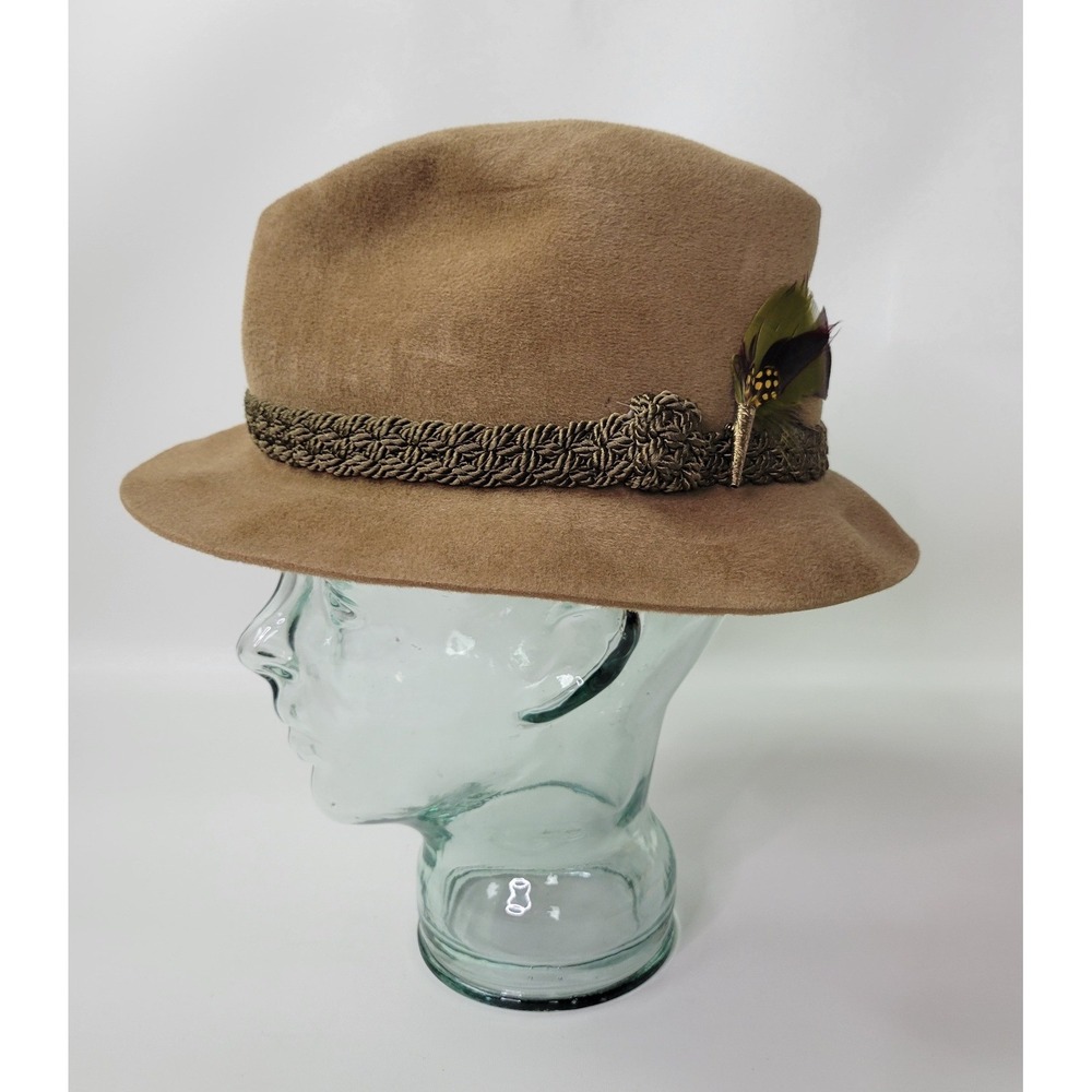 Vintage Bianchi‎ Continental Styling Genuine Velour Fedora Hat Tan Brown 7 3/8